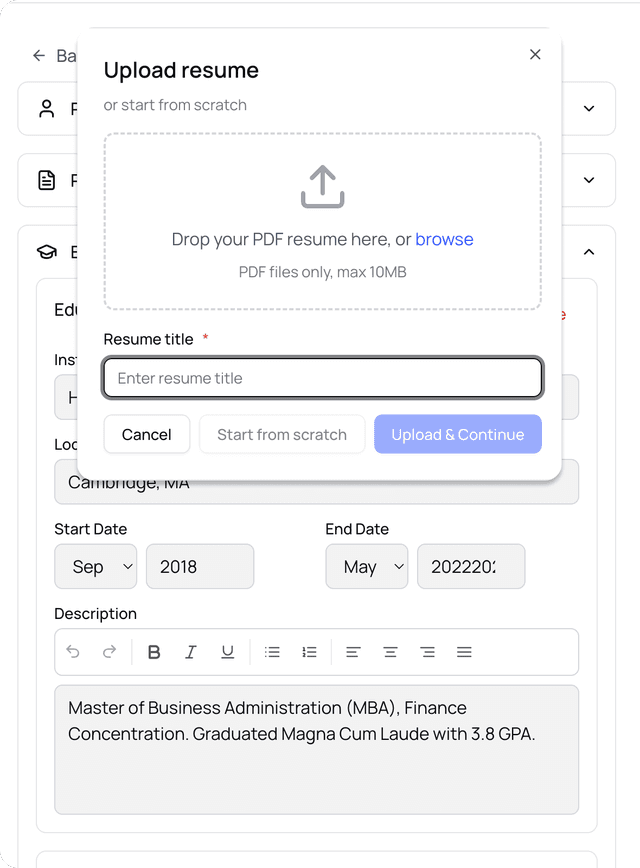 Resume upload interface showing drag and drop functionality